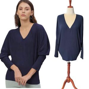 WHBM Navy Blue V-Neck Dolman Sleeve Ribbed Knit Sweater NWT Size Large Tunic